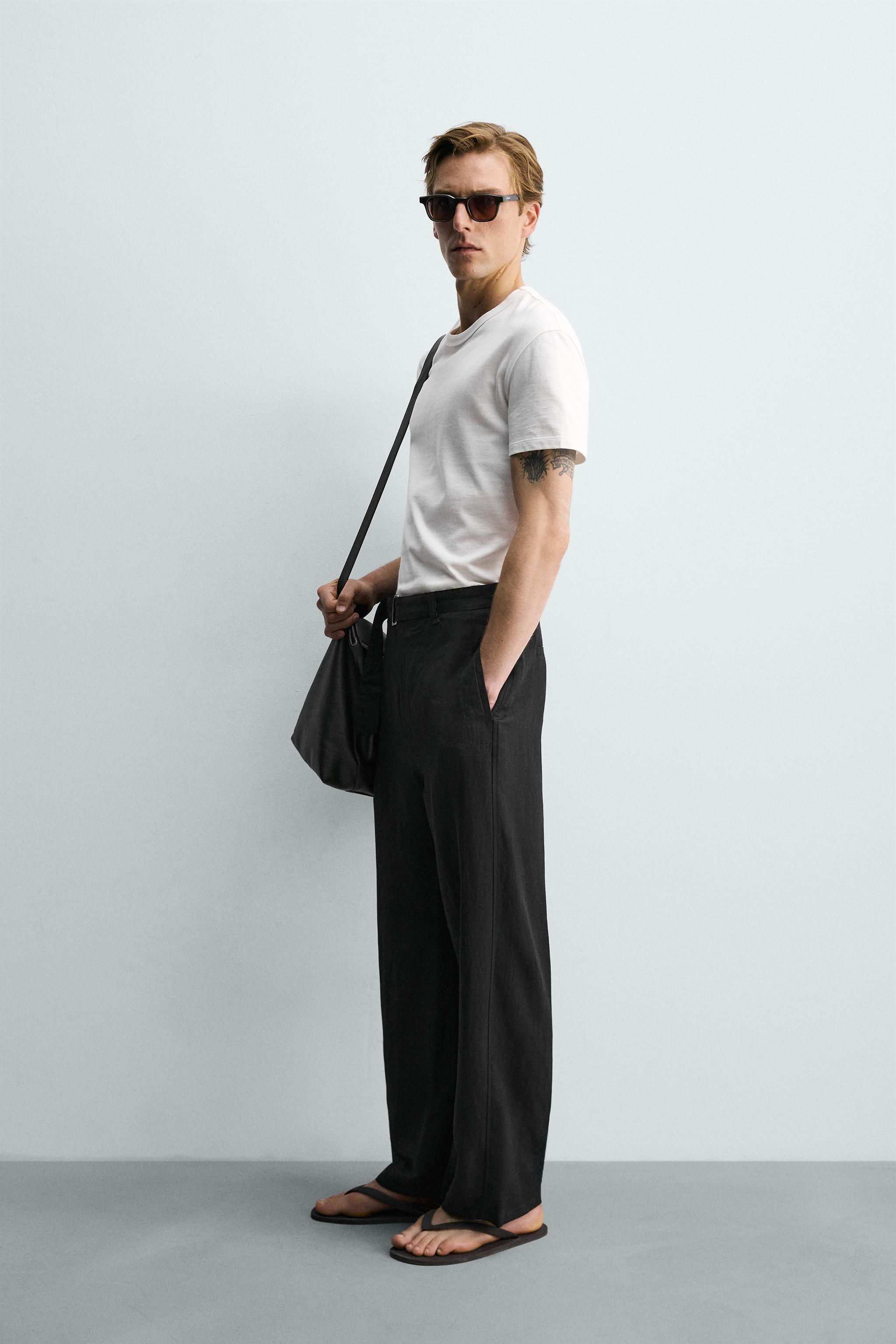 RELAXED FIT VISCOSE-LINEN BELTED PANTS